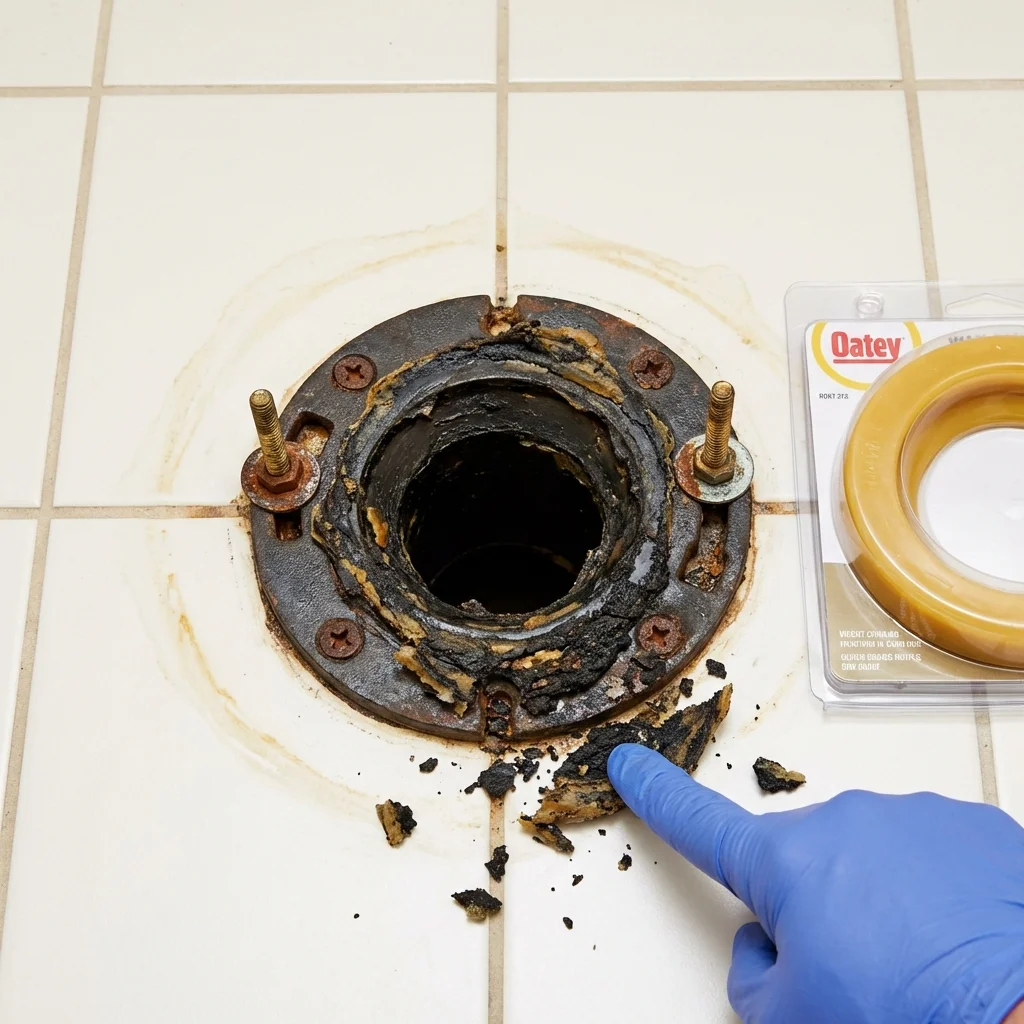 Failed wax ring showing water seepage at the base of a toilet in a Crystal River, FL home